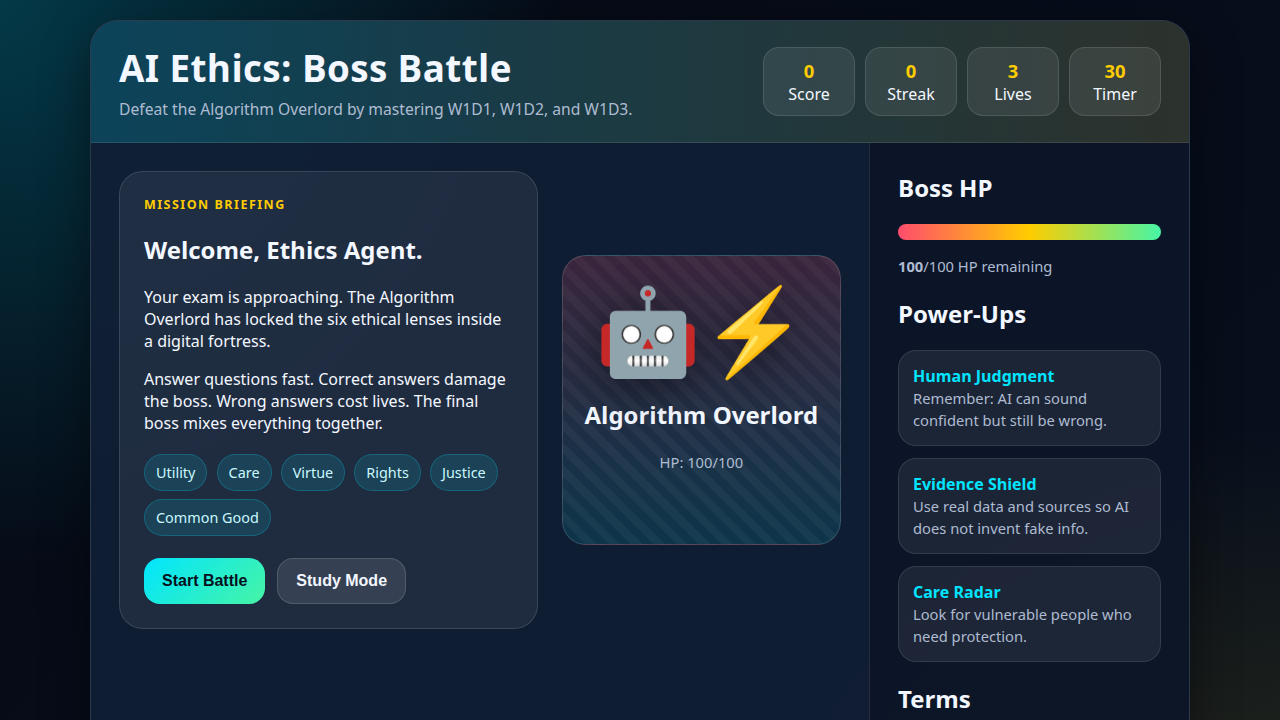 Opening screen of AI Ethics Boss Battle Game