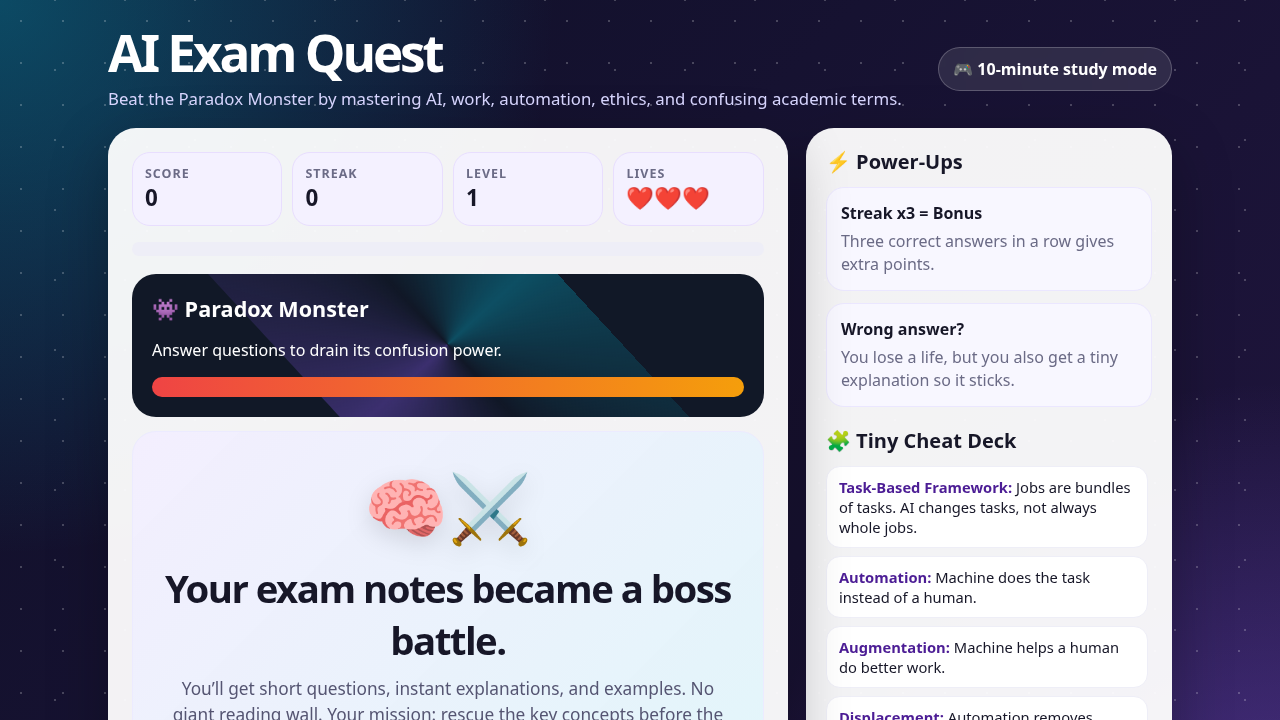 Opening screen of AI Exam Quest 2