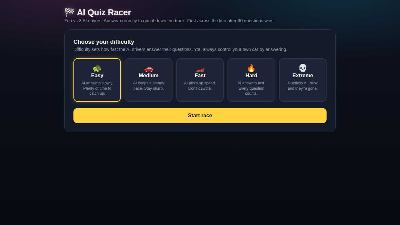 Opening screen of AI Quiz Racer