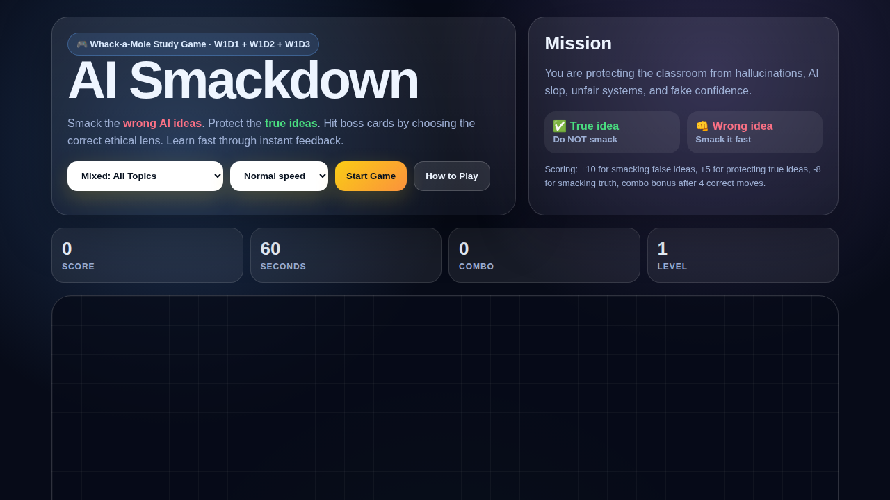 Opening screen of AI Smackdown Study Game