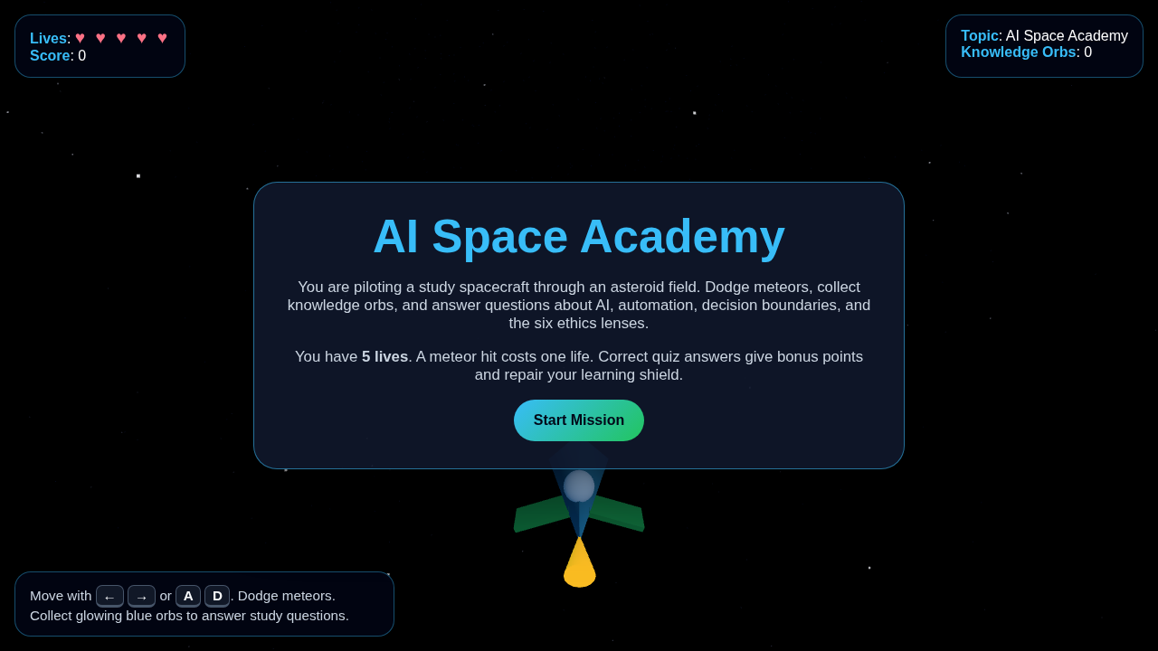 Opening screen of AI Space Academy Game