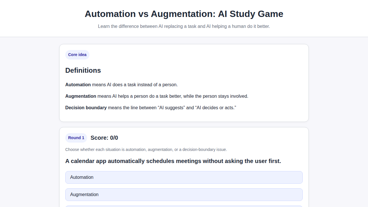 Opening screen of Automation Augmentation Study Game