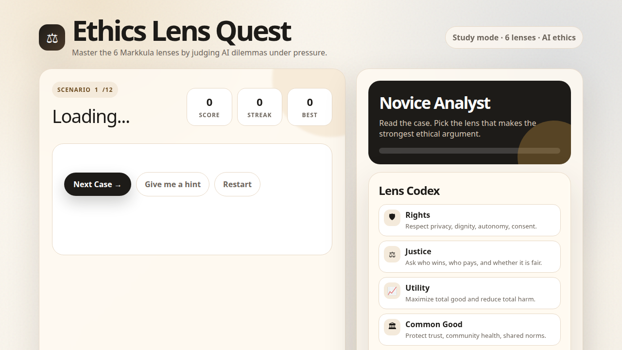Opening screen of Ethics Lens Quest