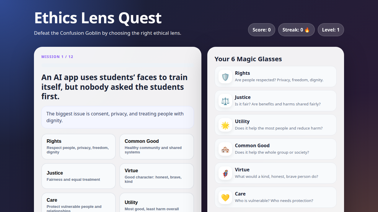 Opening screen of Ethics Lens Quest