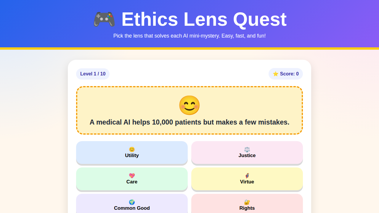 Opening screen of Ethics Lens Quest Easy Fun