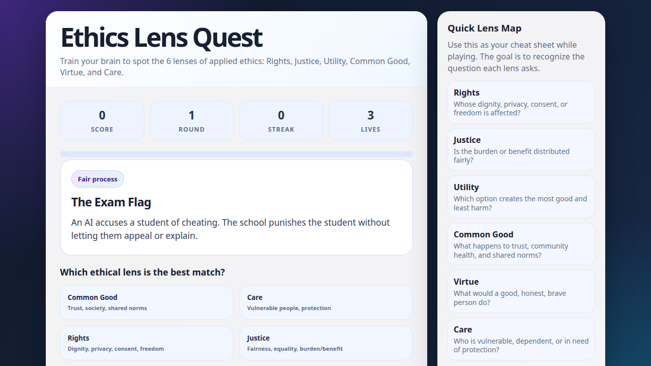 Opening screen of Ethics Lens Quest