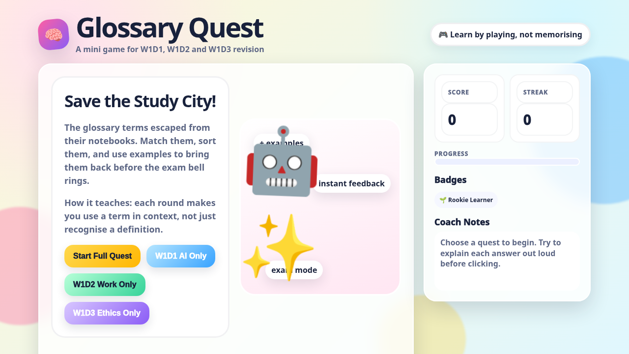 Opening screen of Glossary Quest Game
