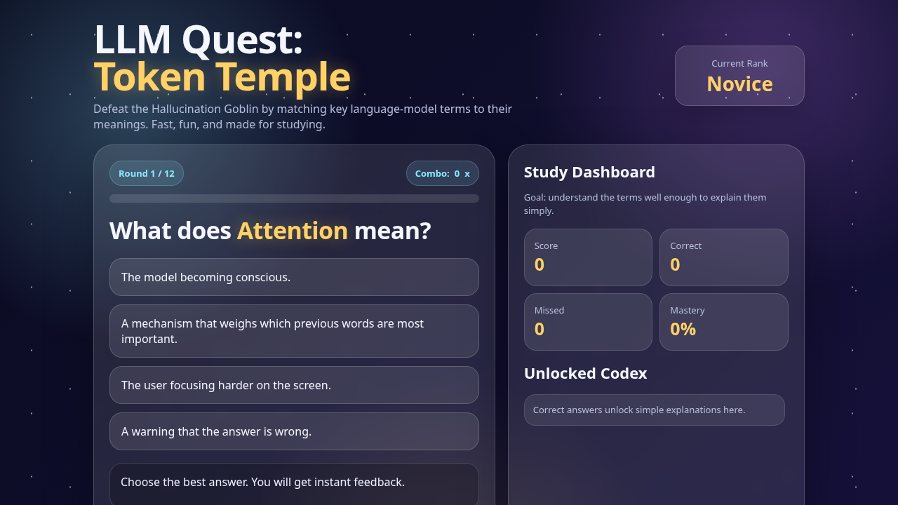 Opening screen of LLM Quest Token Temple