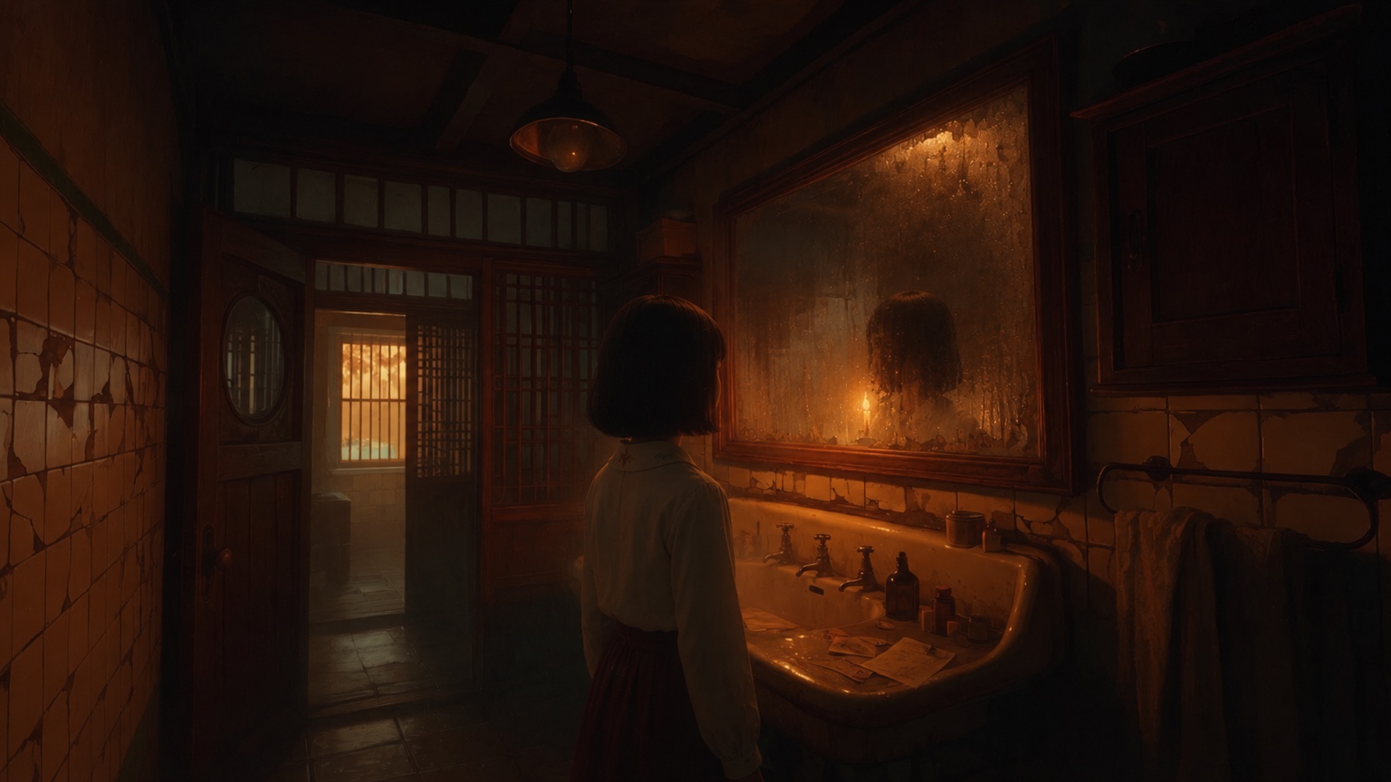 Luna facing a fogged mirror in an old bathroom