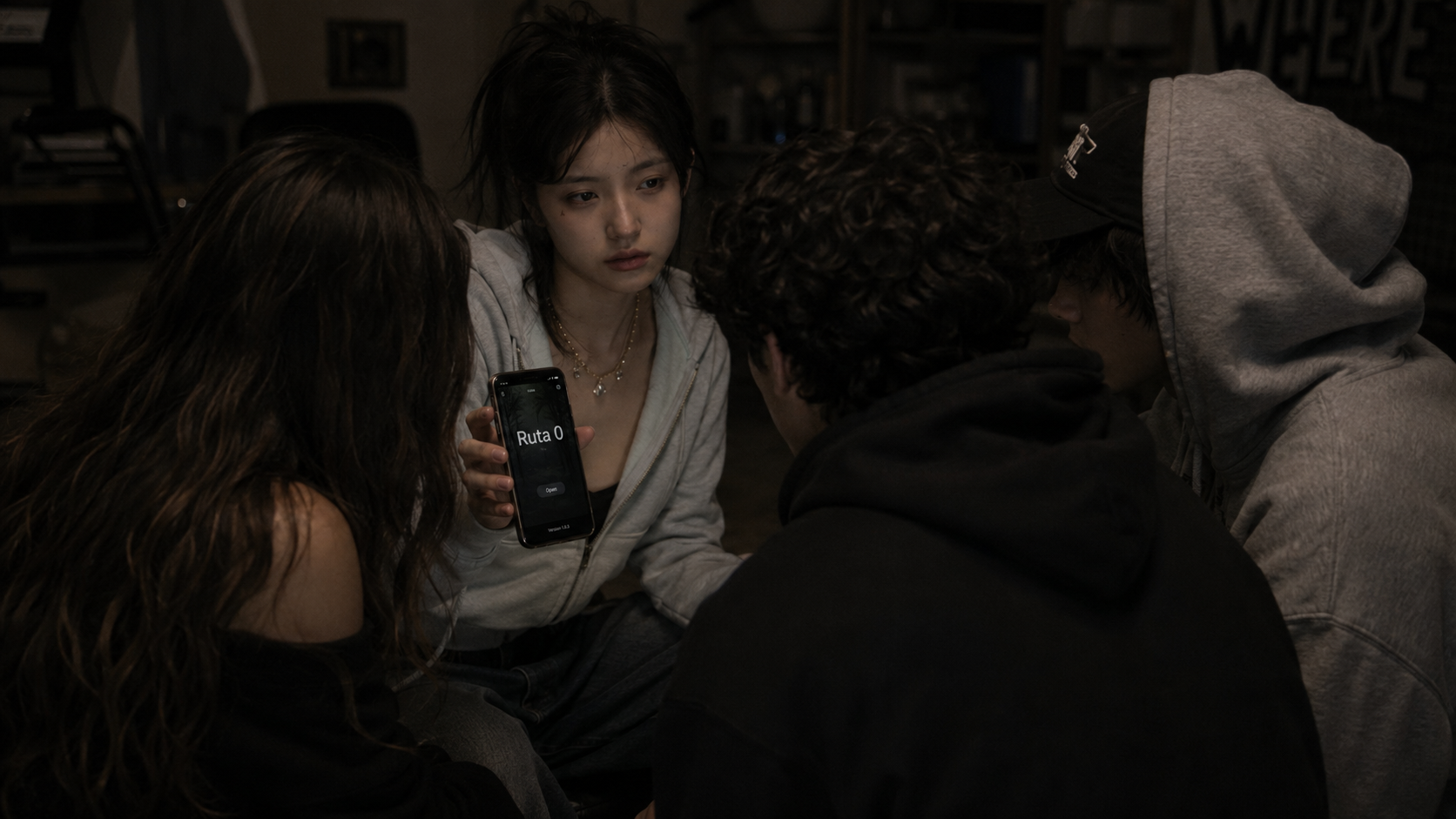 Characters looking at the Ruta 0 app