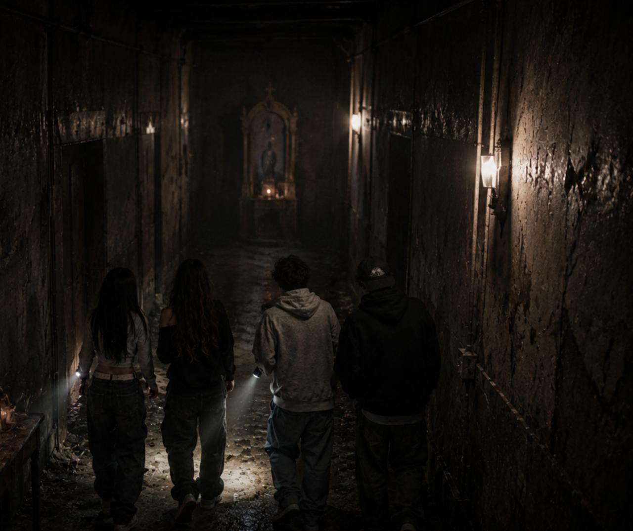 Four characters walking in an abandoned hallway