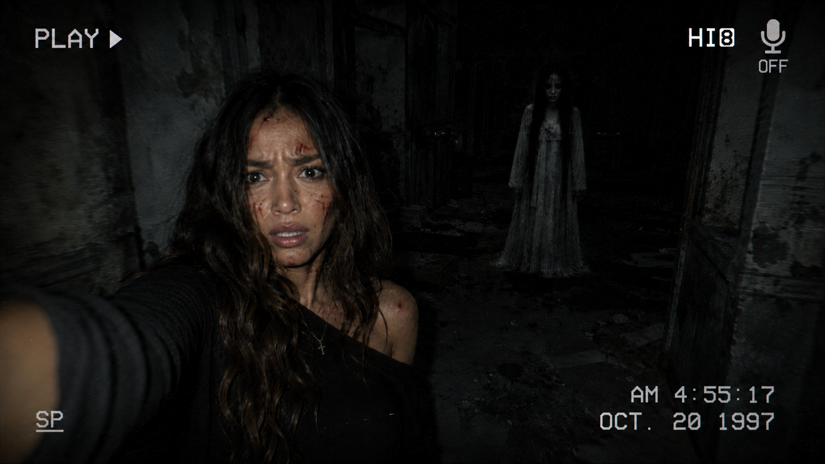 Girl recording herself with a spirit behind her