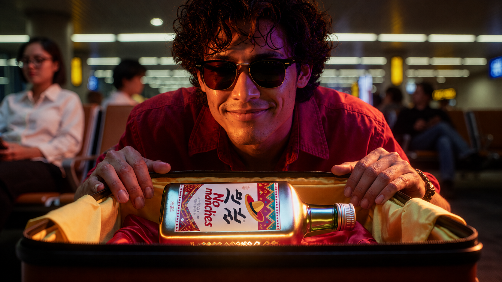 Mexican tourist discovering a mysterious bottle in Seoul